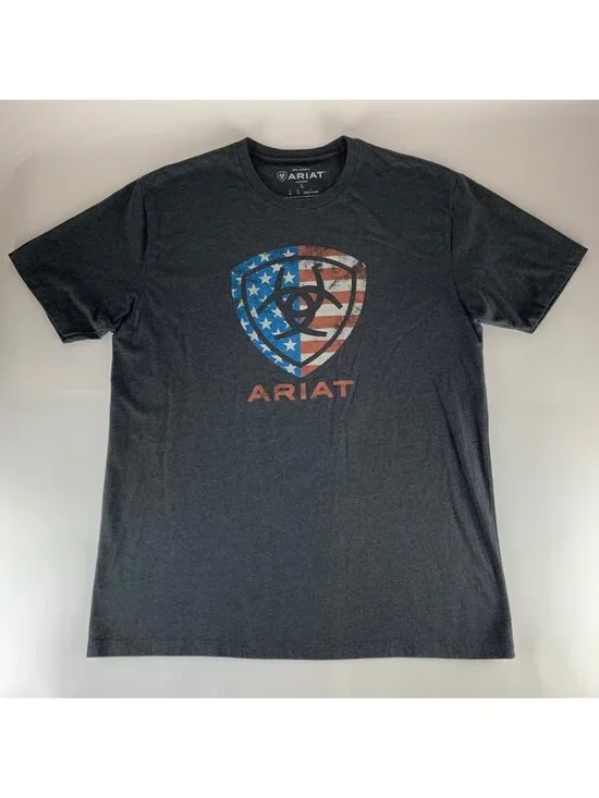 Ariat Gray Patriotic Short Sleeve Crewneck Shirt Mens Large - Picture 1 of 4